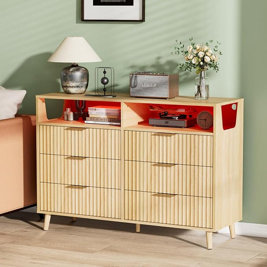 VINGLI Fluted Dresser Led, 6 Drawer Dresser for Bedroom, Light Wood Bedroom Dressers Oak, 47" W*15.75" D*33" H