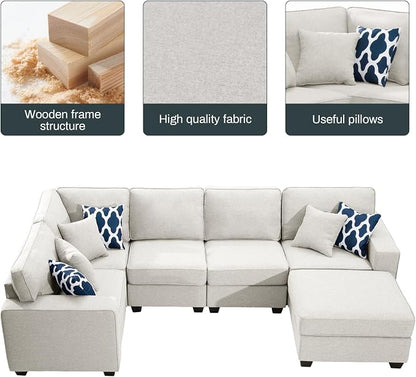 Legend Vansen Oversized Modular Sectional Sofa,U/L‑Shaped Reversible Couch with Ottoman,Deep Seat Plush Polyester Sofa for Living Room,6‑Seater,Cream