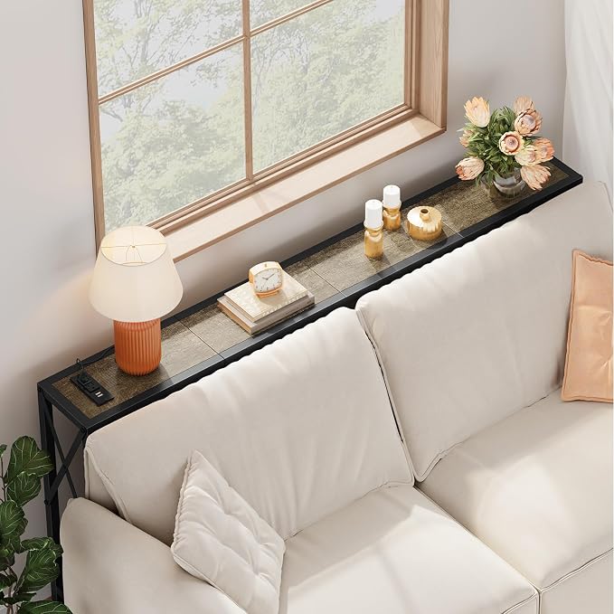 Gewudraw Sofa Table with Oulets and USB Ports, 55.1" Couch Table Behind Sofa, Industrial Long Skinny Stand for Hallway, Living Room, Bedroom, 6.5 Feet Power Cord
