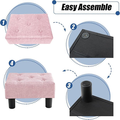 BRIAN & DANY Small Foot Stool, Linen Foot Stools with Legs, Stable Small Footstool for Living Room, Pink