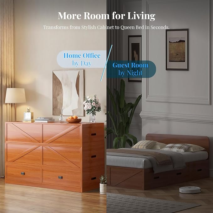 PUREMIND Murphy Bed Full with Mattress Included, Wood Cabinet Bed with Dual Storage Drawers & 2 Pillows, 3-in-1 Convertible Sofa Beds for Small Space, Guest Room, Cherry