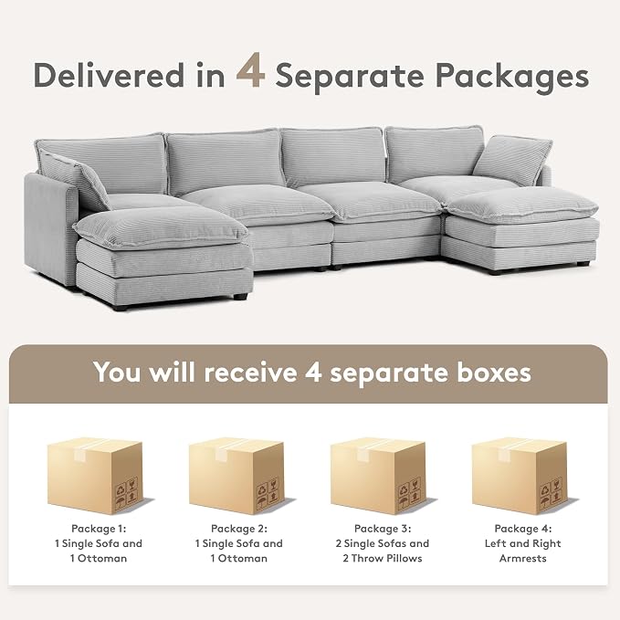 ROWHY 148'' Sectional Cloud Couch with 2 Ottomans, Oversized 4 Seat Sleeper Sofa with 2 Throw Pillows, Convertible Upholstered U Shaped Cozy Sofa Furniture Set for Living Room and Office, Light Grey