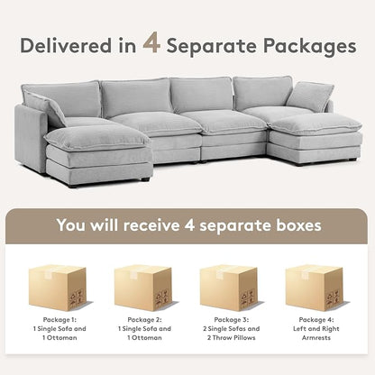 ROWHY 148'' Sectional Cloud Couch with 2 Ottomans, Oversized 4 Seat Sleeper Sofa with 2 Throw Pillows, Convertible Upholstered U Shaped Cozy Sofa Furniture Set for Living Room and Office, Light Grey