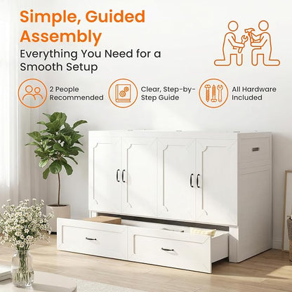 CECER Queen Size Murphy Bed，Murphy Cabinet Bed Queen with Charging Station ＆ Storage Drawer for Small Spaces/Guest Room（White）