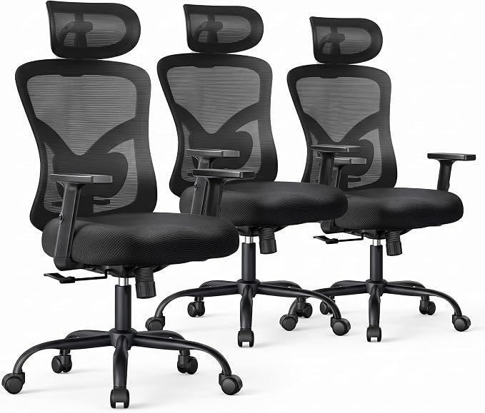 NOBLEWELL Ergonomic Office Chair with Padded Lumbar Support, 2D Headrest, Adjustable Armrests, Upgraded Contoured Seat Cushion, 130° Rocking Tilt, Computer Gaming Chair for Home Office, Pack of 3