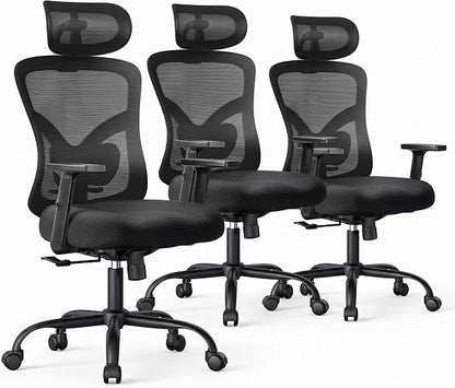 NOBLEWELL Ergonomic Office Chair with Padded Lumbar Support, 2D Headrest, Adjustable Armrests, Upgraded Contoured Seat Cushion, 130° Rocking Tilt, Computer Gaming Chair for Home Office, Pack of 3