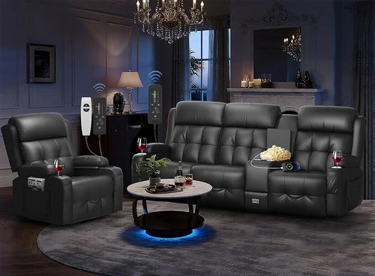 Recliner Sofa Set, Home Theater Seating with Massage, Loveseat Recliner Couch and Recliner Single Chair with USB, Wall Hugger Reclining Movie Theater Chair with Cup Holders, Drawer for Gaming Room