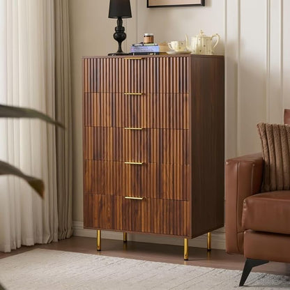 48" Tall Dresser for Bedroom with 5 Drawers, Mid Century Modern Wood Chest of Drawers, 30" Wide Fluted Closet Clothes Storage Organizer Dressers for Living Room, Hallway, Dark Walnut