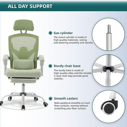 DUMOS Office Desk Computer Chair with Footrest, Ergonomic Mesh Swivel Gaming Chair with Rolling Wheels, Comfortable Headrest, Lumbar Support, Comfy for Home, Office, Task, Student, Elegant Green