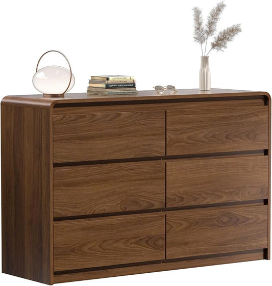 Oransail 6 Drawer Dresser, 47" Wide Walnut Dresser Chest of Drawers, Curved Anti-Collision & Anti-Tipping Design, Mid Century Modern Wooden Dresser for Bedroom, Living Room, TV Stand