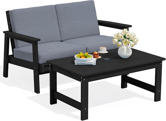 SERWALL Outdoor Loveseat, Black Frame and Grey Cushion