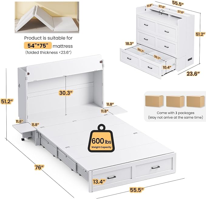 Kikihouse Murphy Bed with Motion Sensor Lights, Full Size Murphy Cabinet Bed Hideaway Bed with Storage & Charging Station for Bedroom/Guest Room/Office, Foldable Platform Bed Frame, White