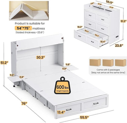 Kikihouse Murphy Bed with Motion Sensor Lights, Full Size Murphy Cabinet Bed Hideaway Bed with Storage & Charging Station for Bedroom/Guest Room/Office, Foldable Platform Bed Frame, White