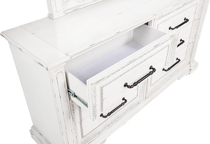 Coaster Home Furnishings - McKinney - Poplar Wood - 6-Drawer Dresser with 50-Inch Rectangular Mirror, Traditional Style, Jewelry Tray, and Antique Bronze Hardware - Bedroom - Vintage White - 215873M