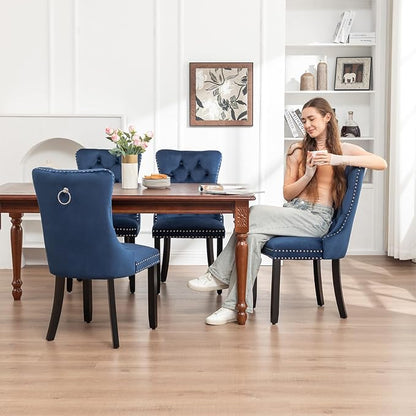 Hixkol Velvet Dining Chairs Set of 2,Upholstered Dining Chairs with Ring Pull Trim and Button Back,Modern Seating for Kitchen, Bedroom & Living Room(Blue)