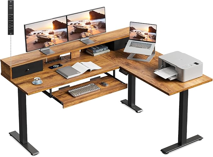 Casaottima 59 Inch Electric L-Shaped Standing Desk with Drawers, Height Adjustable Stand Up Corner Desk with Monitor Stand & Keyboard Tray, Lift Table for Home Office, Workstation, Rustic Brown