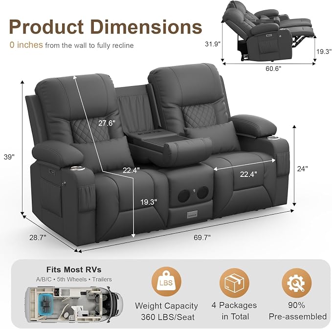 Power RV Loveseat Recliner Sofa, Reclining Loveseat with Flip Back Console, Home Theater Seating with USB Ports, Cup Holders, Wall Hugger Recliners for Movie Room, Gray