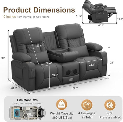 Power RV Loveseat Recliner Sofa, Reclining Loveseat with Flip Back Console, Home Theater Seating with USB Ports, Cup Holders, Wall Hugger Recliners for Movie Room, Gray