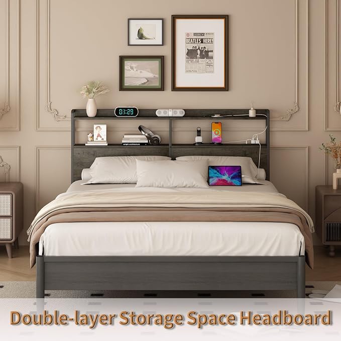 METYERRY Headboard for Queen Size Bed Frame with Storage, Height Adjustable, Headboards with Outlets, USB Ports, Type-C, LED Light, Sturdy and Stable Headboard, Black Oak,Bed Frame NOT Included