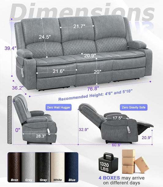 Power Loveseat Recliner Sofa, Removable Armrest 3 Seats Power Reclining Loveseat with Remote Liftable Console, Wall Hugger RV Theater Seating with Storage & USB & RGB (PU, Grey)