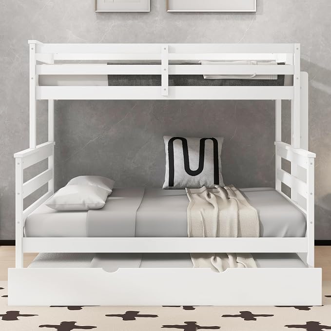 Wood Bunk Bed Twin XL Over Queen Size with Trundle, Detachable Design Bunk Bed Frame with Safety Guardrail, Ladder and Sturdy Slats Support (White+Trundle)