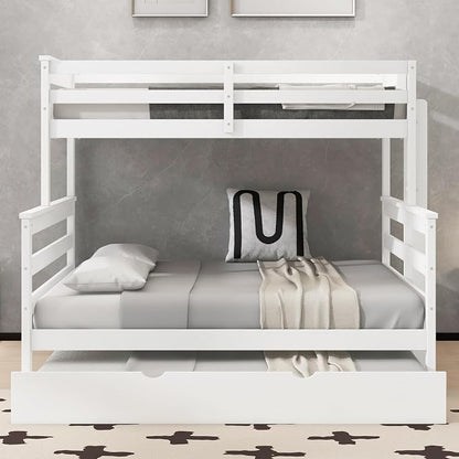 Wood Bunk Bed Twin XL Over Queen Size with Trundle, Detachable Design Bunk Bed Frame with Safety Guardrail, Ladder and Sturdy Slats Support (White+Trundle)