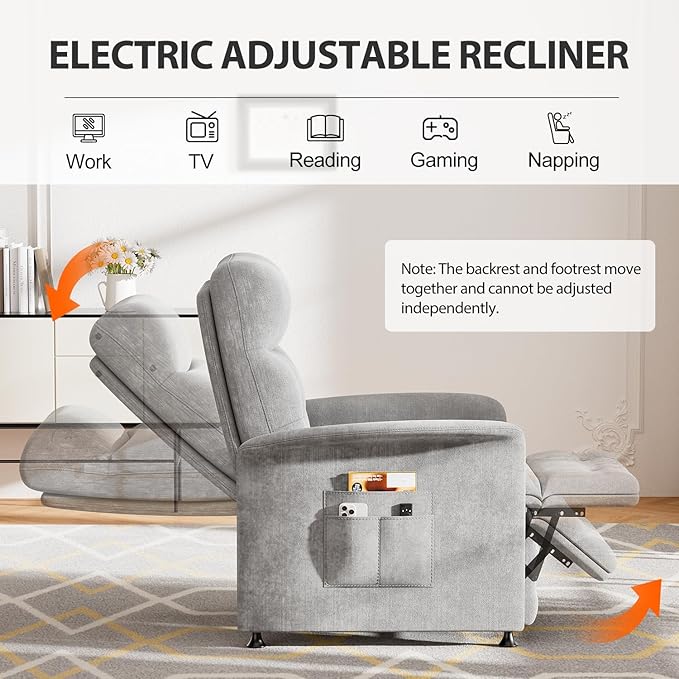 Power Recliner Chair for Adults with Heat & Massage - Soft Fabric Electric Reclining Sofa with Remote Control, 3 Side Pockets, 180° Lay Sleeper for Home Theater Living Room, Light Grey