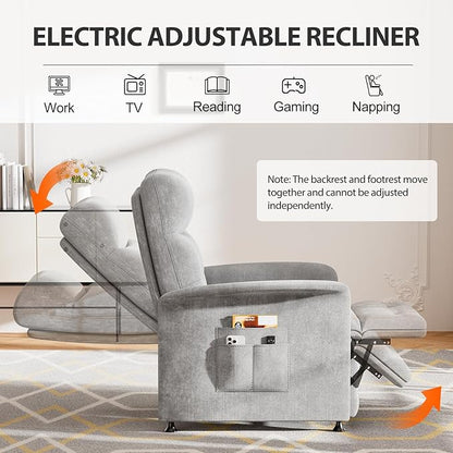 Power Recliner Chair for Adults with Heat & Massage - Soft Fabric Electric Reclining Sofa with Remote Control, 3 Side Pockets, 180° Lay Sleeper for Home Theater Living Room, Light Grey