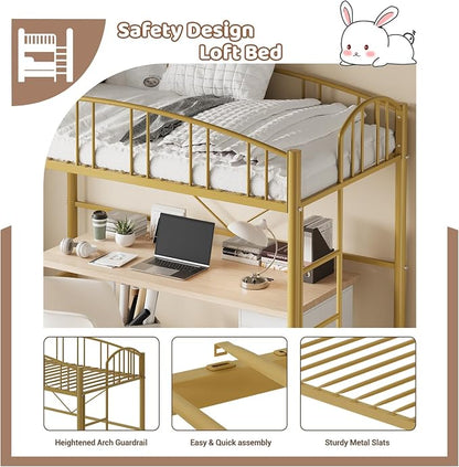 GarveeHome Loft Bed Twin Size, Heavy Duty Metal Loft Bed Frame with Arched Guardrail and Safety Ladder, Space-Saving, No Box Spring Needed, Modern Gold