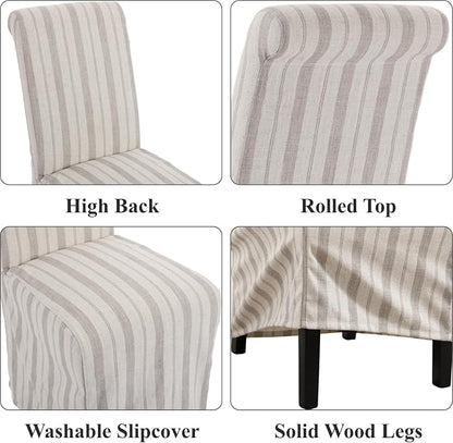 chairus Slipcovered Parsons Dining Chairs Set of 6, Upholstered Dining Room Chairs with Removable Linen Cover & High Back, Modern Farmhouse Wooden Side Kitchen Chairs, Khaki Stripe