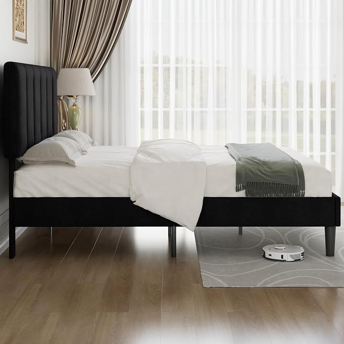 VECELO Queen Bed Frame, Velvet & Black | Upholstered Headboard, Heavy-duty Platform, Strong Wooden Slats Support, No Box Spring Needed