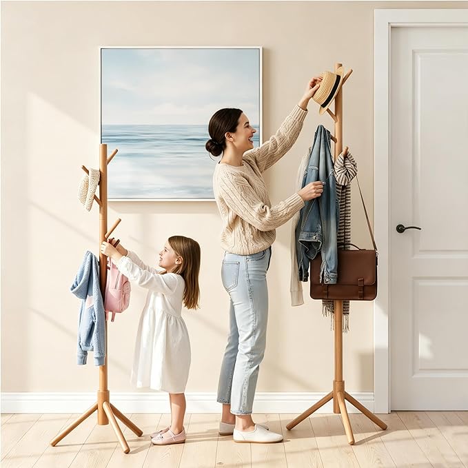 Wooden Coat Rack Freestanding with 8 Hooks & 3 Adjustable Sizes for Clothes, Space-Saving Design for Bedroom Office Entrance Holds Hats Coats Scarves Bags