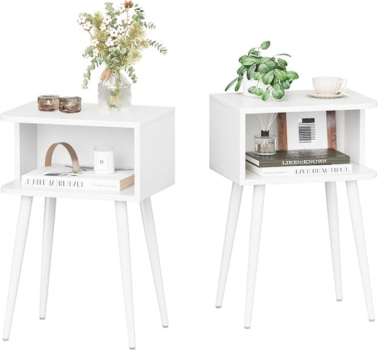 White Nightstand Set of 2, Small Bed Side Table for Small Spaces, Mid Century Modern Nightstand End Table with Open Storage, Side Table for Bedroom Living Room, MLBZ20W-2