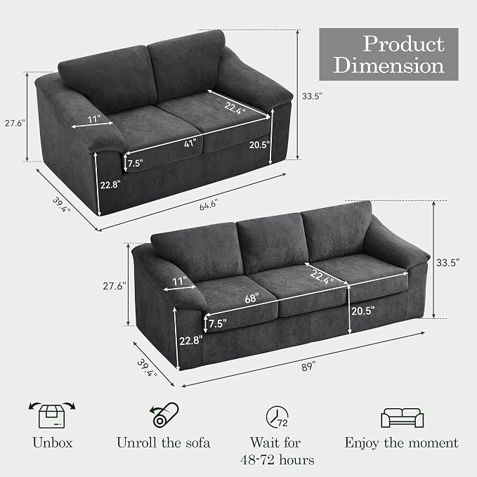 Oversized Boneless Couch Sets, Modern 3 Seater Sofa with 2 Loveseat Sofas, Floor Cloud Couch Sets with Extra Comfy Soft Deep Seats for Living Room, Apartment, No Assemby, Set of 3, Dark Gray