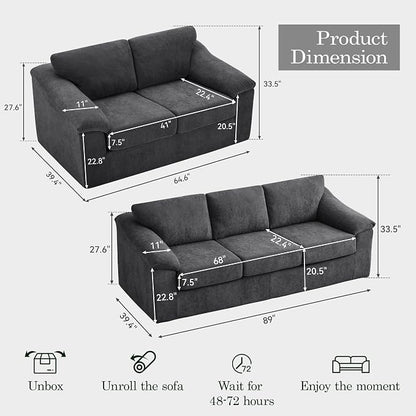 Oversized Boneless Couch Sets, Modern 3 Seater Sofa with 2 Loveseat Sofas, Floor Cloud Couch Sets with Extra Comfy Soft Deep Seats for Living Room, Apartment, No Assemby, Set of 3, Dark Gray