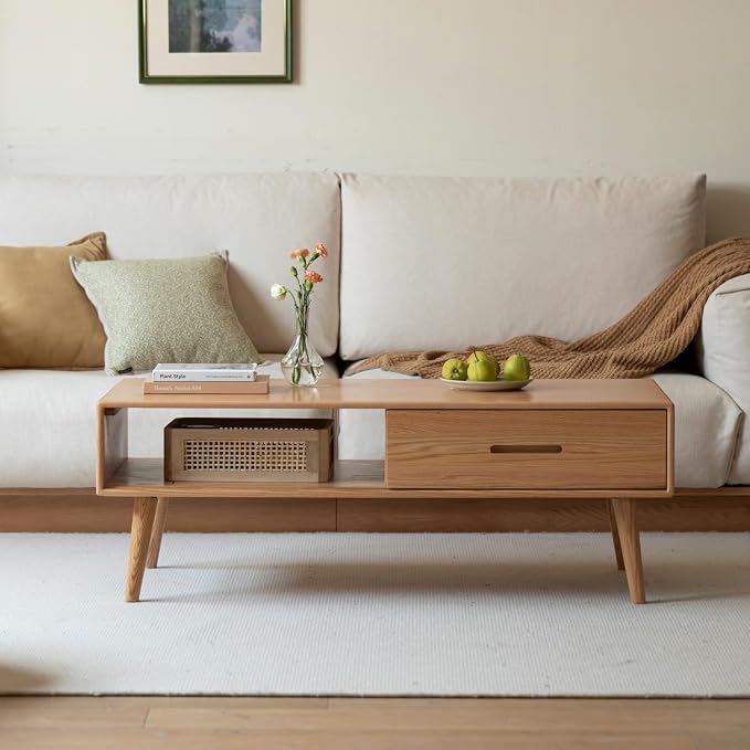 100% Solid Wood Coffee Table for Living Room, 39.37'' W Mid-Century Modern Coffee Table with Storage Shelf and 2 Drawers, Oak Coffee Tables for Home (Original Wood Color)