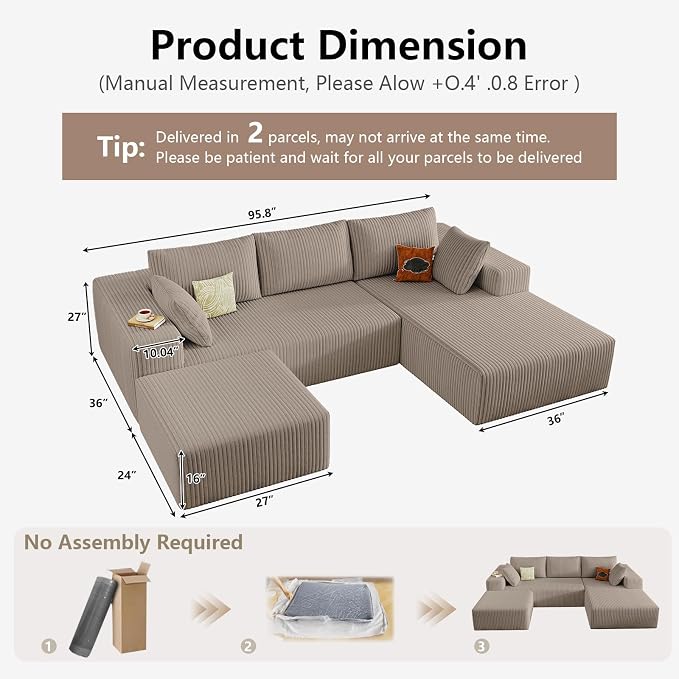 95" Cloud Sectional Couch U-Shaped Chaise with Ottoman, Corduroy Boneless Couch for Living Room Bedroom, Deep-Seat Upholstered Modular Cloud Sofa, No Assembly Required (Camel, Right Facing Chaise)