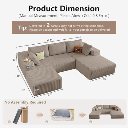 95" Cloud Sectional Couch U-Shaped Chaise with Ottoman, Corduroy Boneless Couch for Living Room Bedroom, Deep-Seat Upholstered Modular Cloud Sofa, No Assembly Required (Camel, Right Facing Chaise)