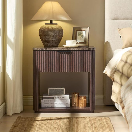 Fluted Nightstand with Faux Marble Top, Modern Bedside Table | FSC-Certified Engineered Wood, 24" H, 1 Drawer and 1 Storage Shelf, Rounded Corner, Metal Handle, for Bedroom, Dark Oak