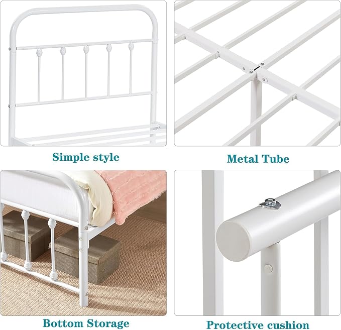 VECELO Twin Size Sturdy Metal Platform Bed Frame Classic Victorian Style Bed Frame with Headboard and Footboard Under Bed Storage No Box Spring Needed White