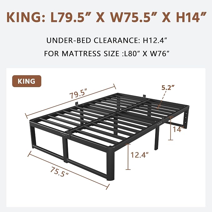 ZTH King Size Metal Platform Bed Frame 14 in, No Box Spring Needed, Black | Heavy duty support, Underbed storage, Noise-free design, Anti-slip clips, Rounded legs, Easy assembly, Headboard compatible