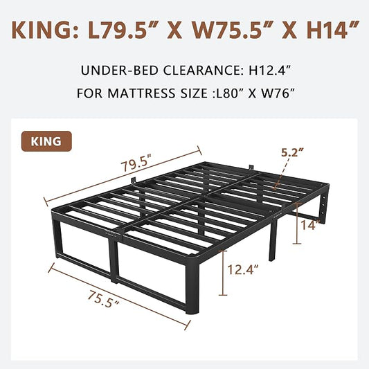 ZTH King Size Metal Platform Bed Frame 14 in, No Box Spring Needed, Black | Heavy duty support, Underbed storage, Noise-free design, Anti-slip clips, Rounded legs, Easy assembly, Headboard compatible