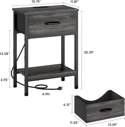 Vagusicc Nightstand Set of 2 with Charging Station, Bed Side Table with Fabric Drawer, Small End Table with 2-Tier Open Shelves, 25.4" Tall Night Stand Bedside Table for Bedroom Living Room, Black Oak