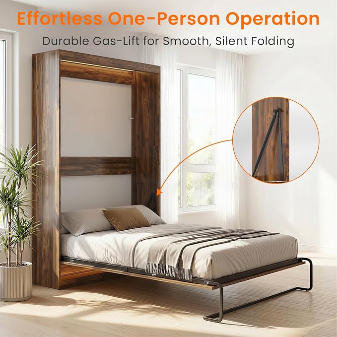 CECER Full Vertical Murphy Wall Bed，Space Saving for Offices/Guest-Brown | Durable Gas-Lift for smooth folding，16 Color Controllable LED Lights，Sturdy frame ＆ Easy Assemble