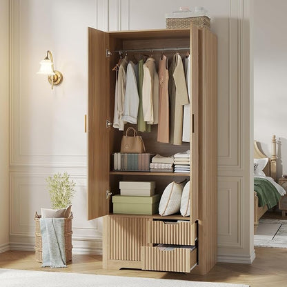 Vabches 71” Fluted Armoire Wardrobe Closet with 2 Doors and Drawers Tall Wooden Wardrobe Cabinet with Large Storage, Hanging Rod, 2 Shelves, Golden Metal Handle