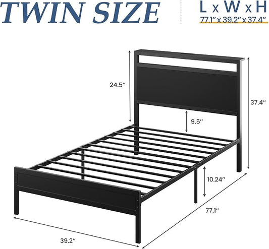 Fluest Twin Bed Frame with Headboard & Footboard, Twin Bed Frame with Charging Station & LED Light, Under-Bed-Storage, No Box Spring Needed, Noise Free, Easy Assembly, Classic Black