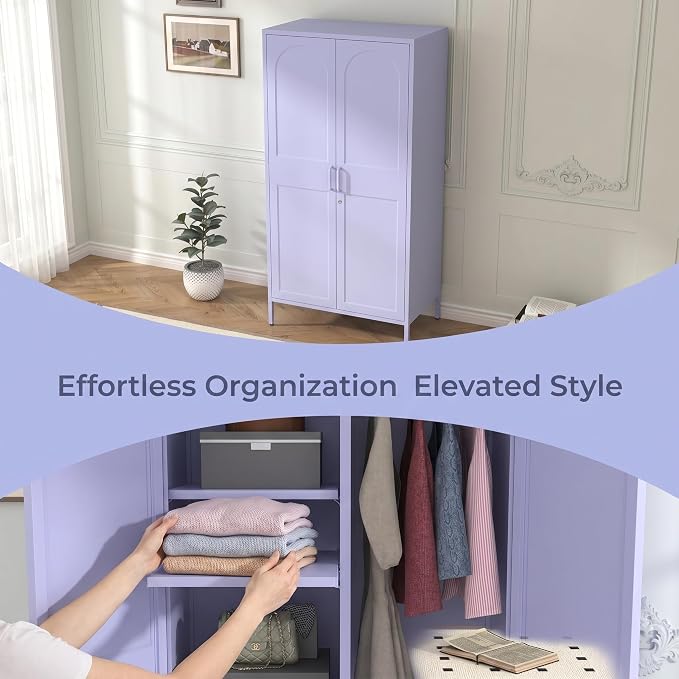 Lockable Closet Metal Wardrobe 67" Purple 2 Door Wardrobe Bedroom Storage Cabinet Adjustable shelf Multi functional metal Storage Cabinet with hanging rail for domestic use 18.1" D x 31.5" W x 67" H