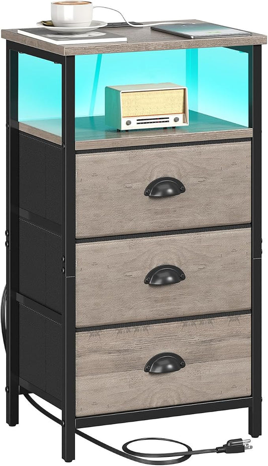 sthmec Nightstand with Charging Station,LED Nightstand with 3 Fabric Drawers, Bedside End Tables, 2-Tier Open Storage Shelf, Side Table Nightstand with Drawers for Bedroom,Grey