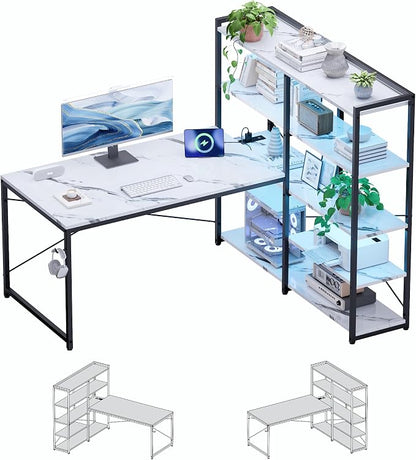 Pamray 49 Inch L Shaped Gaming Computer Desk with Shelves and Storage | Compact Reversible Design with LED Lights & Power Outlets, Suitable for Home Office Bedroom Small Spaces and Dorm Study Work