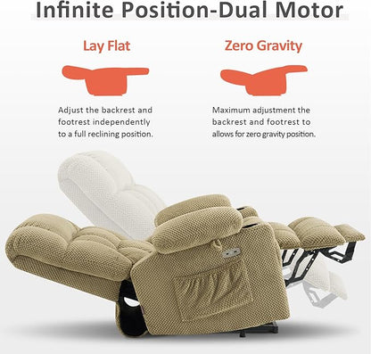 MCombo Large Dual Motor Power Lift Recliner Chair for Elderly, Zero Gravity Lift Chair with Heat and Massage, Infinite Position Lay Flat Recliner, USB Ports, Cup Holders, Fabric 7896 (Beige, Large)